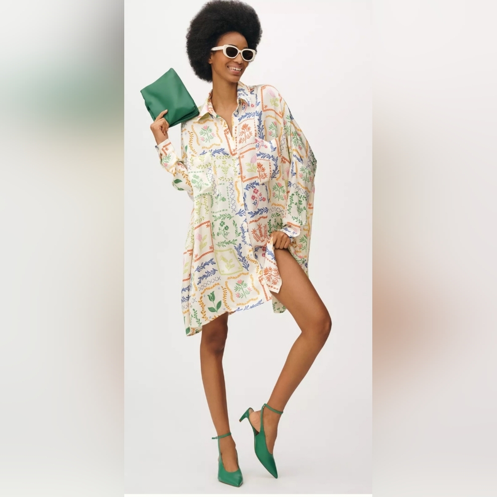 Anthropologie Corey Lynn Calter Long-Sleeve Printed Mini Shirt Dress : Ivory